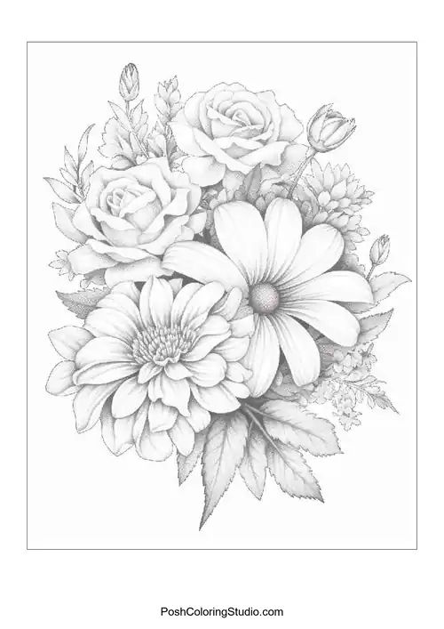 A bouquet with roses and daisies, surrounded by delicate foliage.