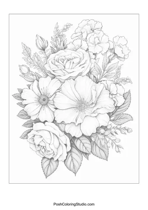 A bouquet of daisies and roses with intricate leaf patterns.