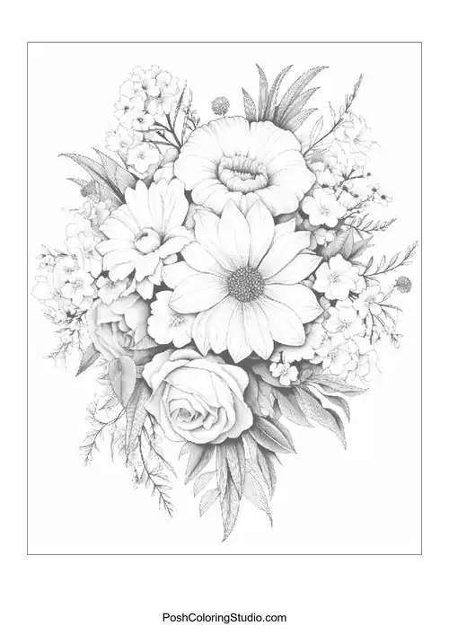A bouquet featuring roses and daisies with flowing leaves.