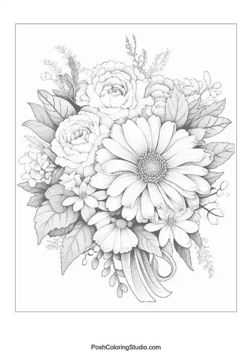 A floral design with daisies and various blossoms in a vase.