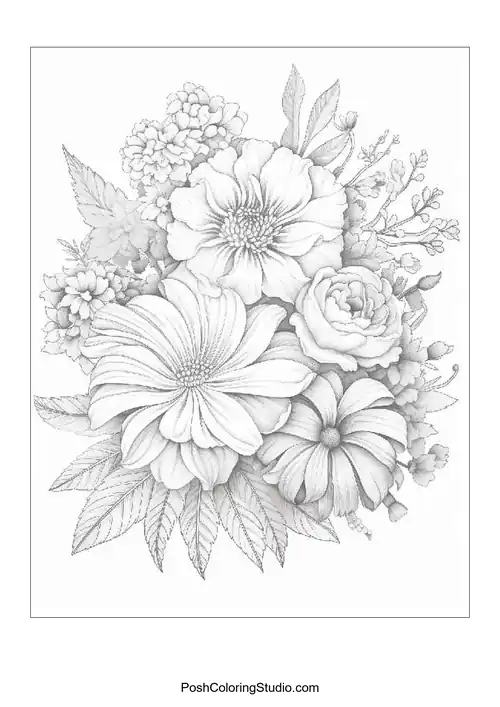 A bouquet featuring roses and daisies with detailed leaves.