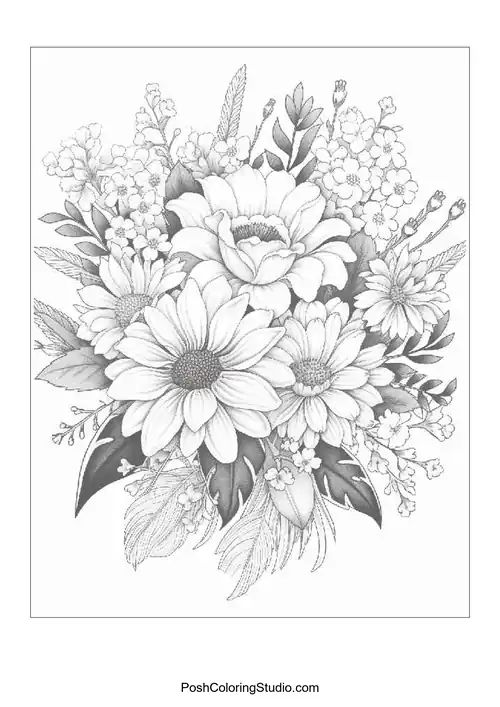 A floral arrangement with daisies and roses among delicate blooms.