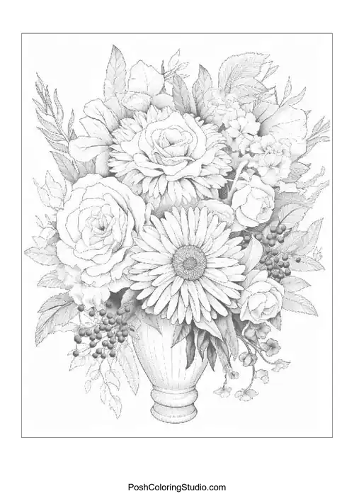 A bouquet featuring roses and various flowers with intricate details.