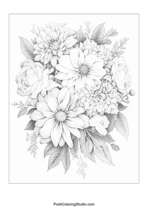 A floral design with daisies and roses in a detailed arrangement.