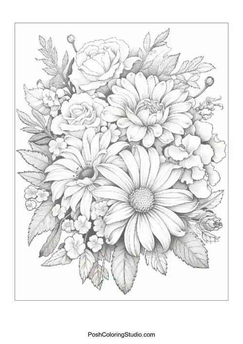 A lush floral composition featuring multiple flower types.