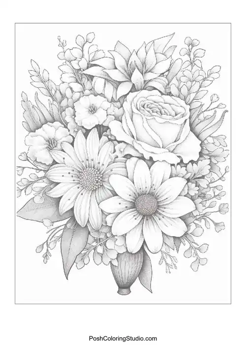 A bouquet featuring roses and daisies with intricate leaf patterns.