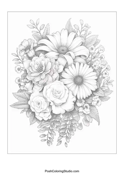 A floral arrangement with daisies and roses among delicate blooms.