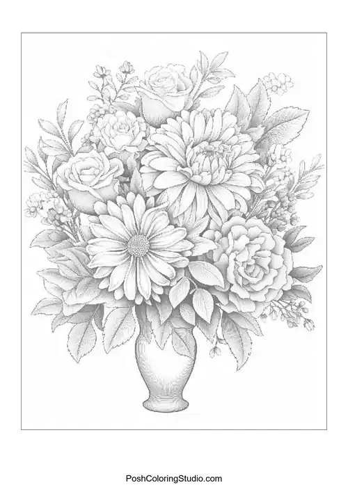 A bouquet featuring roses and various flowers with intricate details.