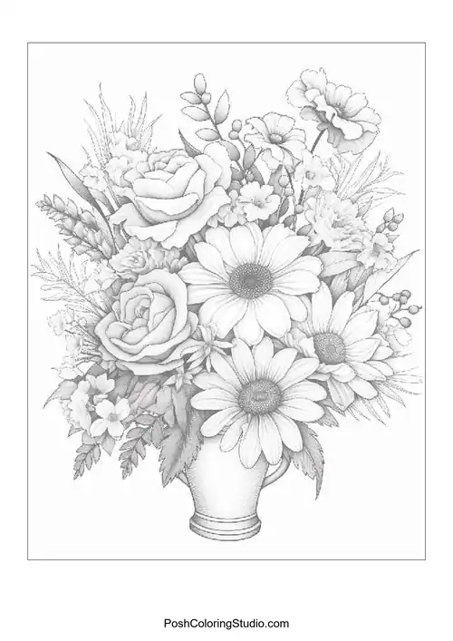 A detailed floral arrangement with various flowers in a vase.