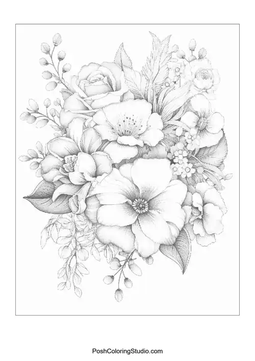 A bouquet of assorted flowers with intricate details.