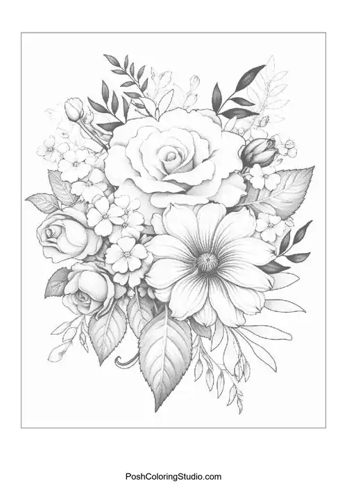 A floral arrangement featuring roses and smaller flowers.