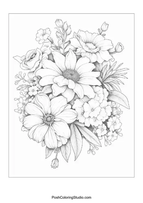 A bouquet of flowers with a mix of shapes and sizes.