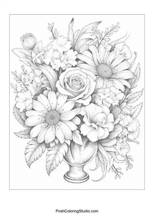 A detailed floral arrangement in a decorative vase.