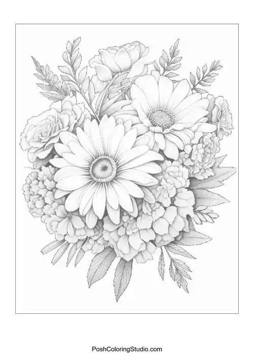 A bouquet featuring daisies and various flowers with detailed leaves.