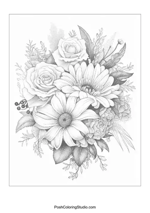 A bouquet of flowers with various textures and patterns.