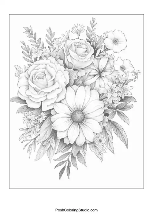 A floral arrangement with roses, daisies, and delicate blossoms.