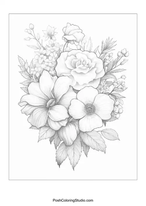 A cluster of flowers including hibiscus and various blossoms.