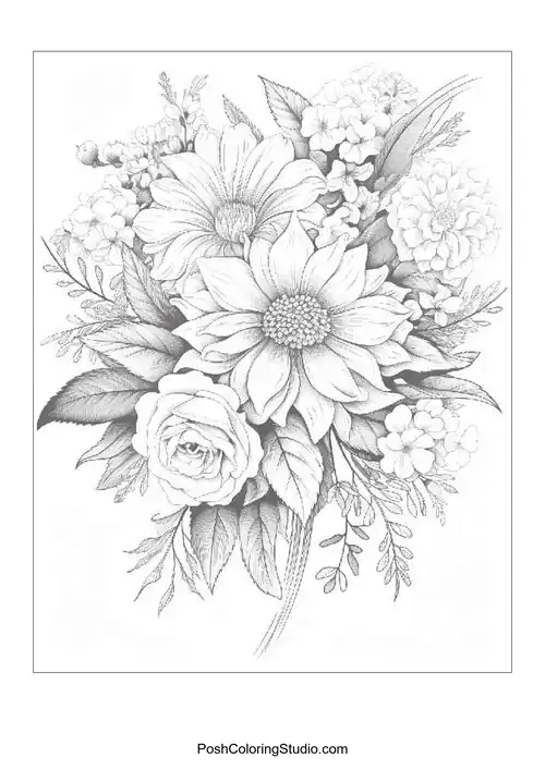 A bouquet featuring sunflowers, roses, and intricate foliage.