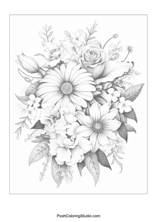 A floral design with daisies, roses, and delicate vines.