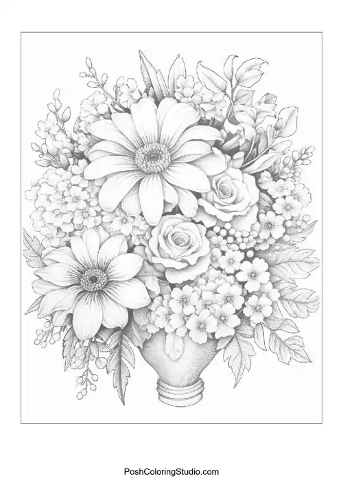 A bouquet of flowers including zinnias and roses in a vase.