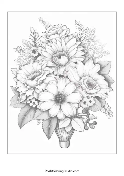 A floral arrangement featuring daisies and various blossoms.