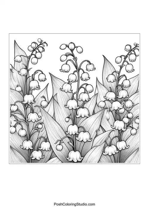 Lily of the valley flowers with intricate leaf patterns surrounding them.