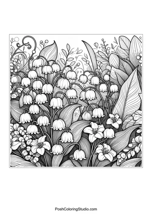 A lush arrangement of lily of the valley flowers and additional blooms.