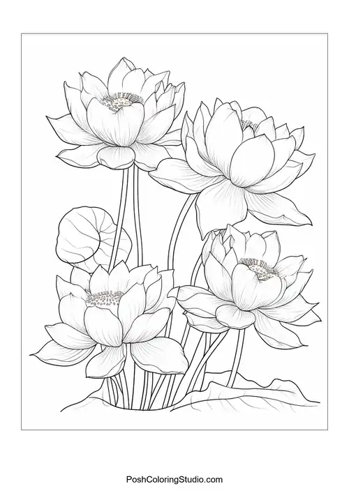 A cluster of lotus flowers with detailed petal outlines.