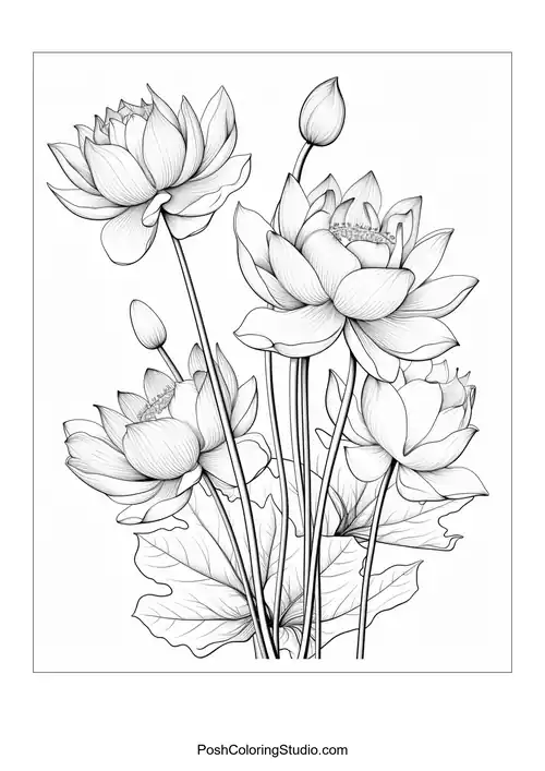 A group of lotus flowers with layered petals and leaves.