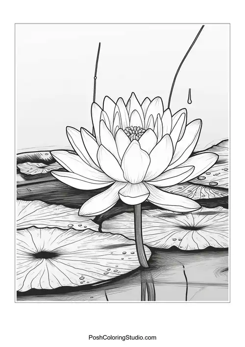 A single lotus flower on a lily pad with water droplets.