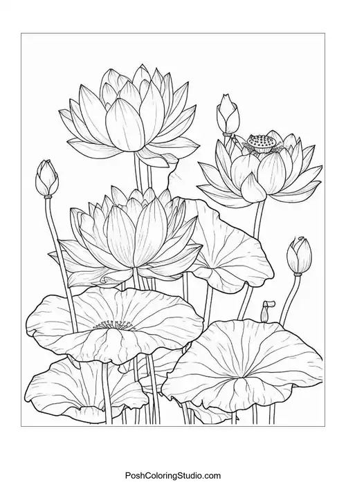 Multiple lotus flowers of varying sizes with large leaves.