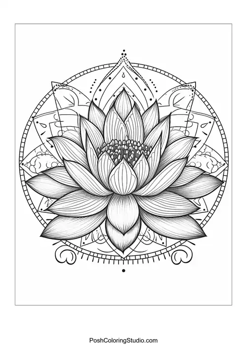 A lotus flower within a decorative mandala pattern.