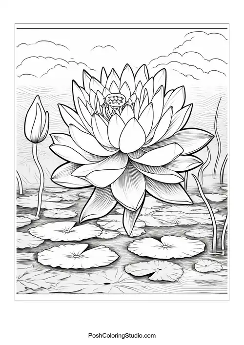 A large lotus flower above water with several lily pads.