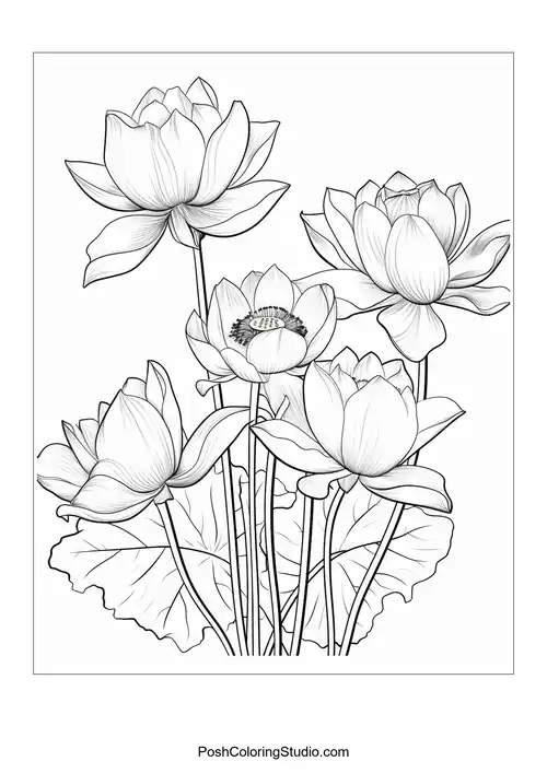 Five lotus flowers with a small frog on one bloom.