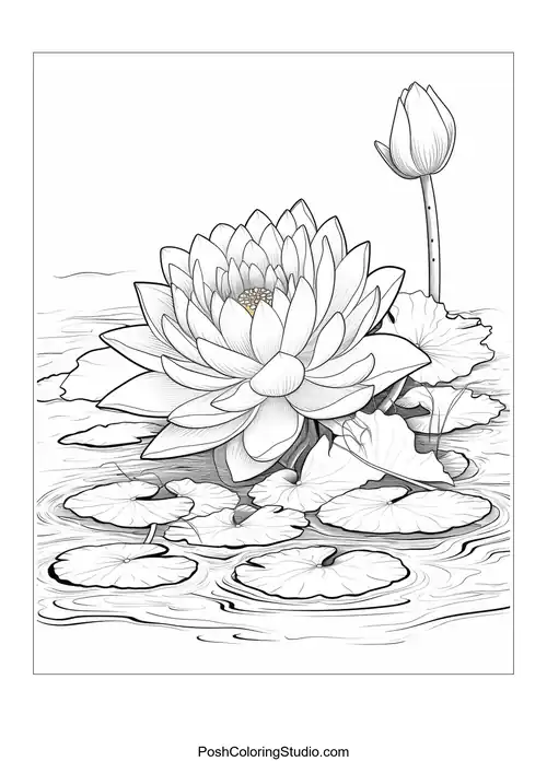 A large lotus flower surrounded by smaller buds and leaves.