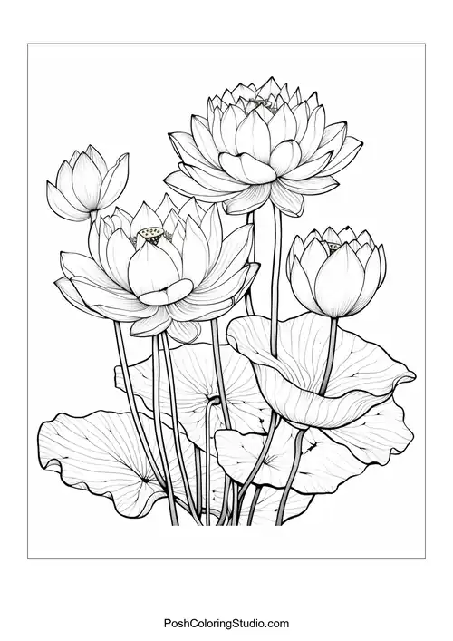 Multiple lotus flowers with large, detailed leaves.
