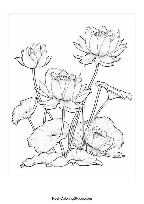 A cluster of lotus flowers with a mix of buds and leaves.