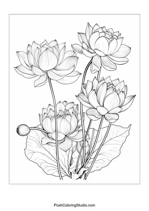A cluster of lotus flowers with intricate petal designs.