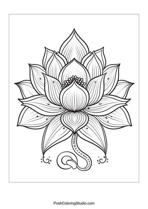 A stylized lotus flower with swirling decorative elements.
