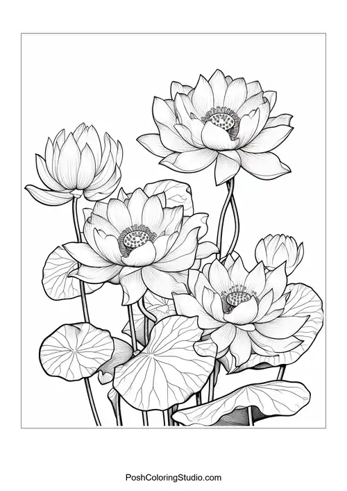 A group of lotus flowers with a prominent leaf in the foreground.