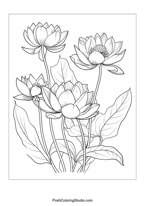 A cluster of lotus flowers with intricate petal designs.
