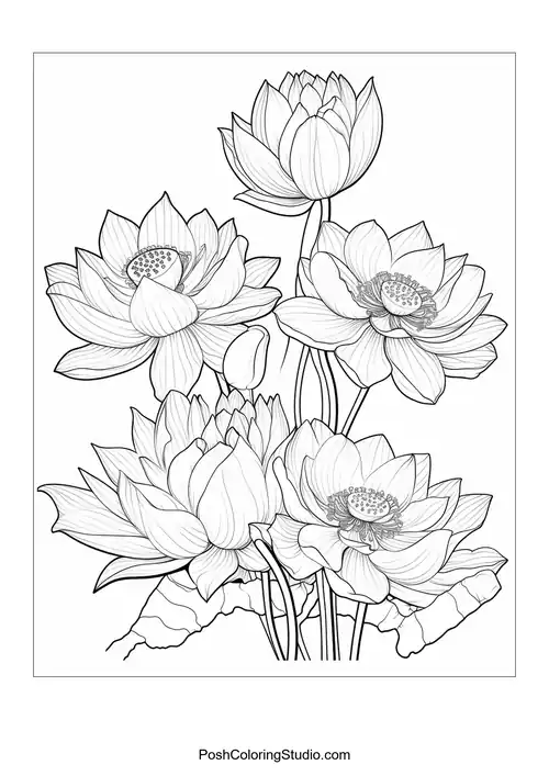 A group of lotus flowers with a prominent leaf in the background.