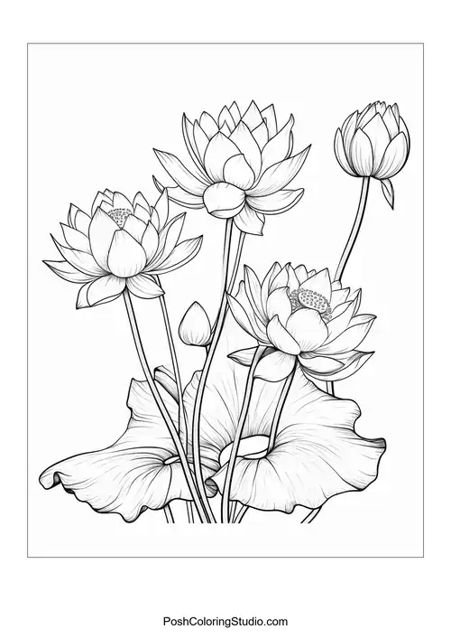 A single lotus flower with a detailed lily pad beneath.