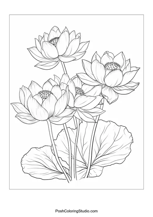 A lotus flower with intricate petal details and a small bud.