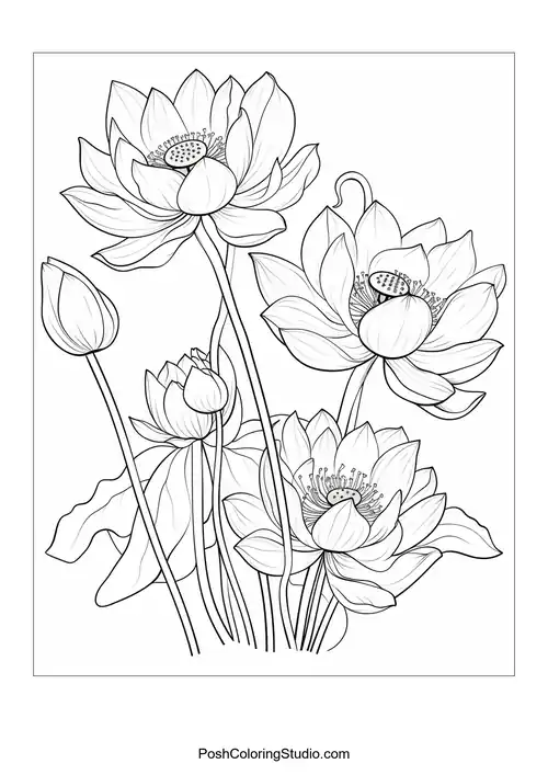A cluster of lotus flowers with a prominent leaf in the foreground.