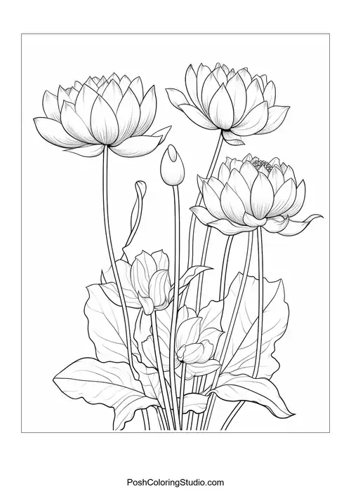 A large lotus flower with several smaller buds around it.