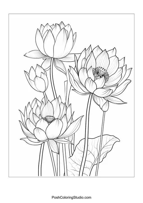 A group of lotus flowers with distinct petal shapes.
