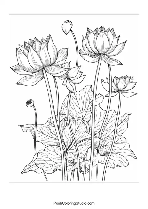 A cluster of lotus flowers with intricate petal designs.