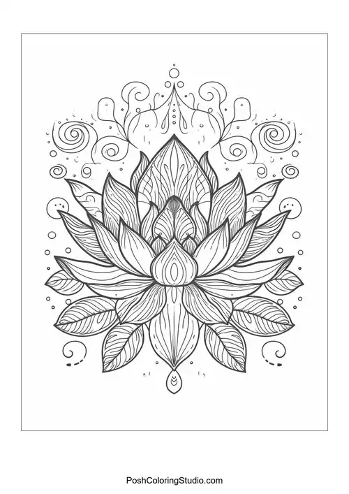A stylized lotus flower with swirling decorative elements.