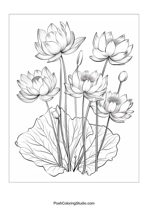 A group of lotus flowers with a prominent bud in the center.